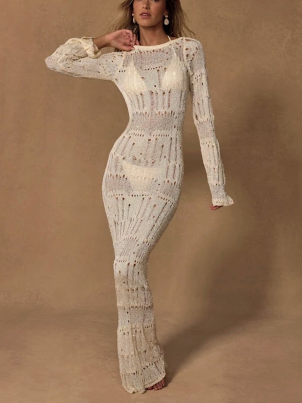 Lulu's Salise Shiny Cream Distressed Maxi Swim Cover-Up - Size L